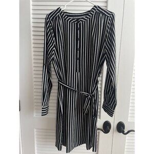 Ann Taylor Outlet Dress Black White Striped Long Sleeve Tie Waist Dress Sz L